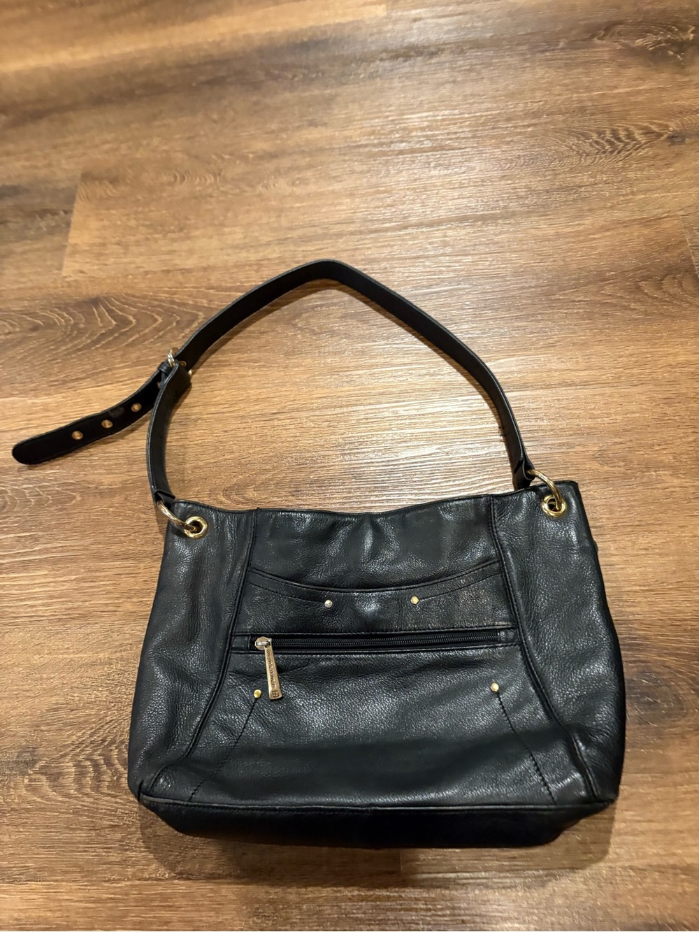 Stone Mountain Black Leather Shoulder Bag with Gold Accents